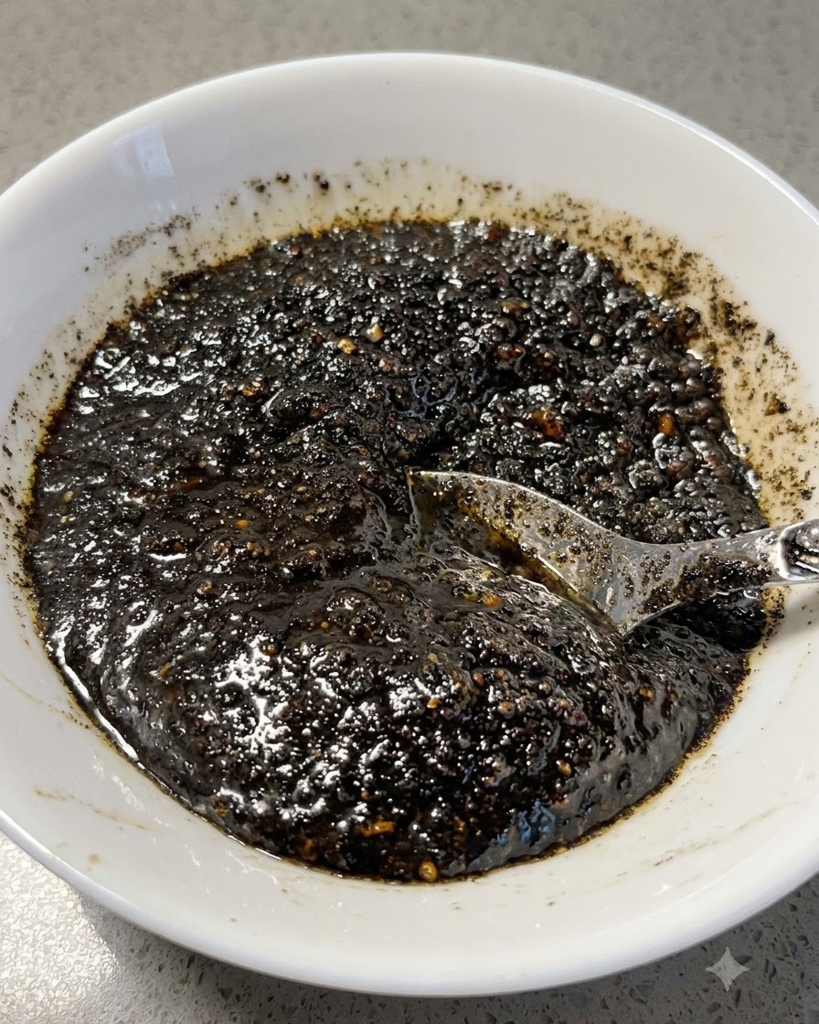 白いたらい状のボウルに入った、スプーンが添えられたペースト状の黒マー油。