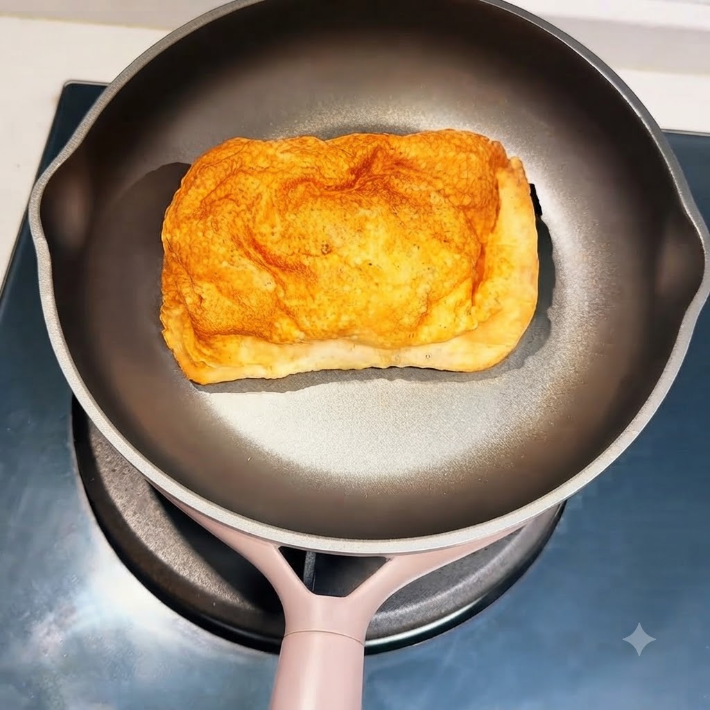 フライパンの上に置かれたチャバタのパン