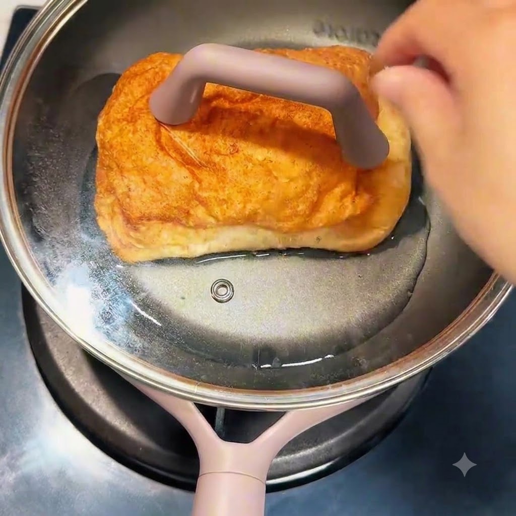 鍋の熱湯に丸いインスタント麺を入れている様子