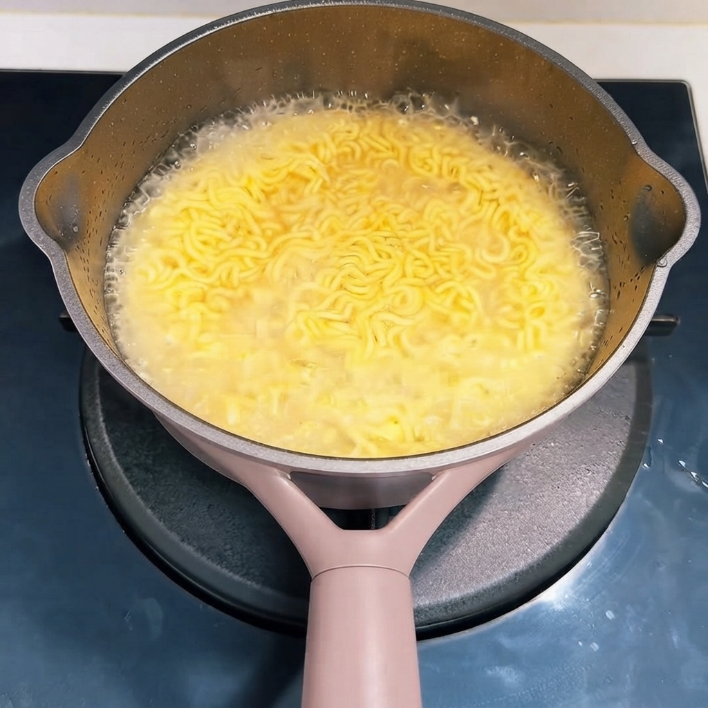 茹であがったインスタント麺からお湯を切っている様子