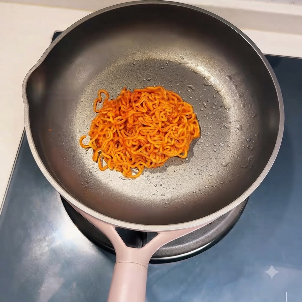 フライパンに調理済みの赤い旨辛麺をきれいに広げている様子
