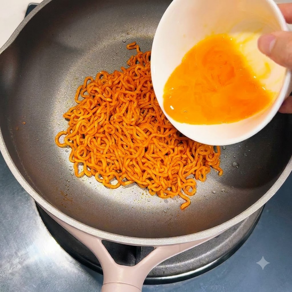 フライパンの麺の上に、溶き卵を注いでいる様子