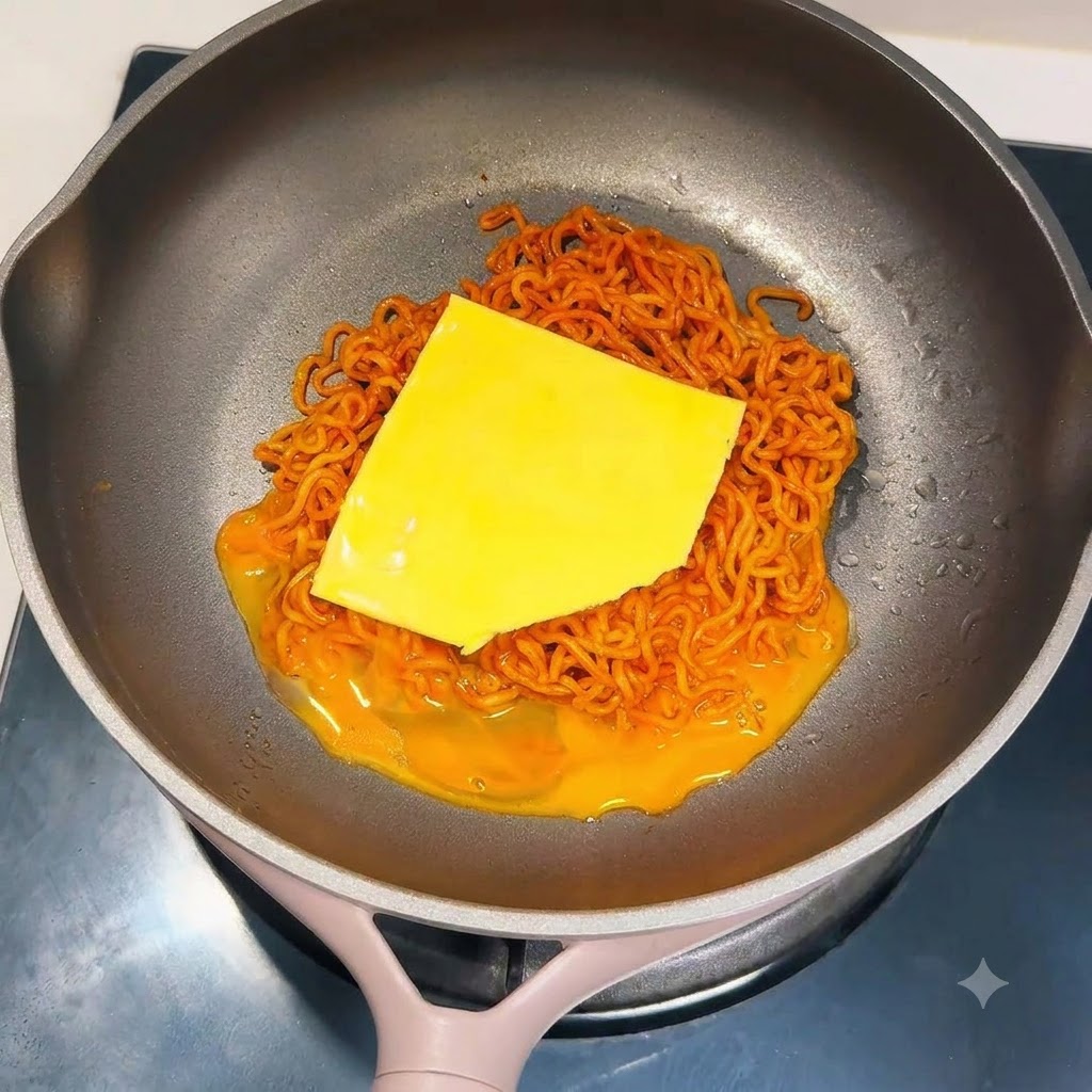 フライパンの麺の上にスライスチーズを重ねている様子