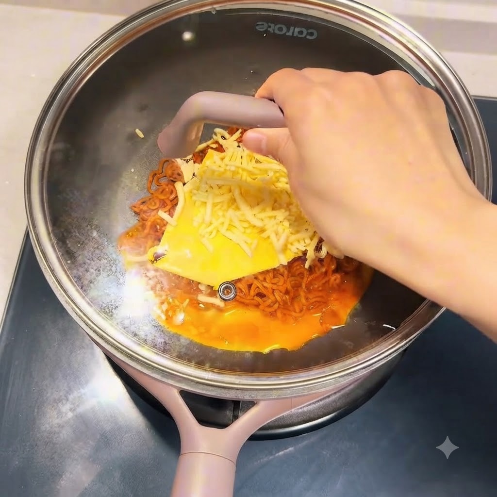 コンロに置かれた蓋付きのフライパンが湯気を立てている様子