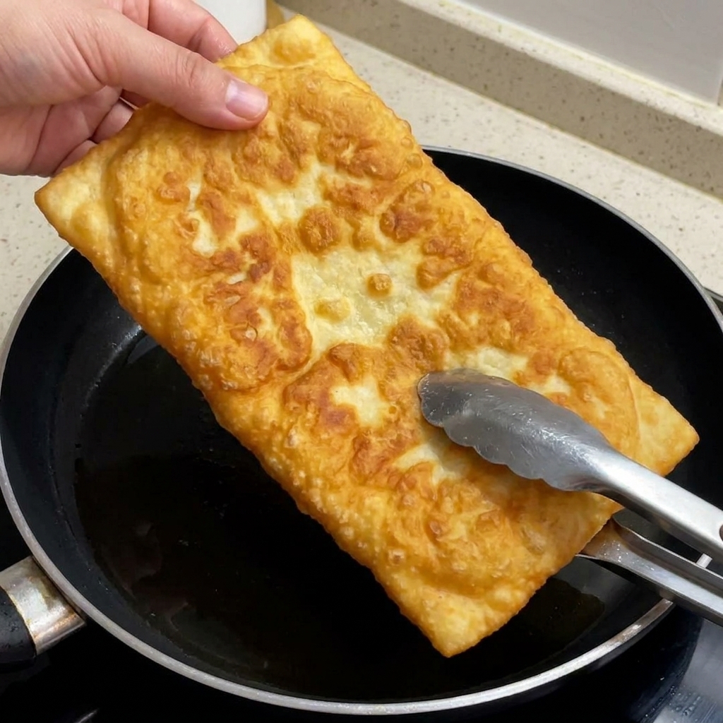 こんがり焼けたチャバタをキッチンバサミで切り開いている様子