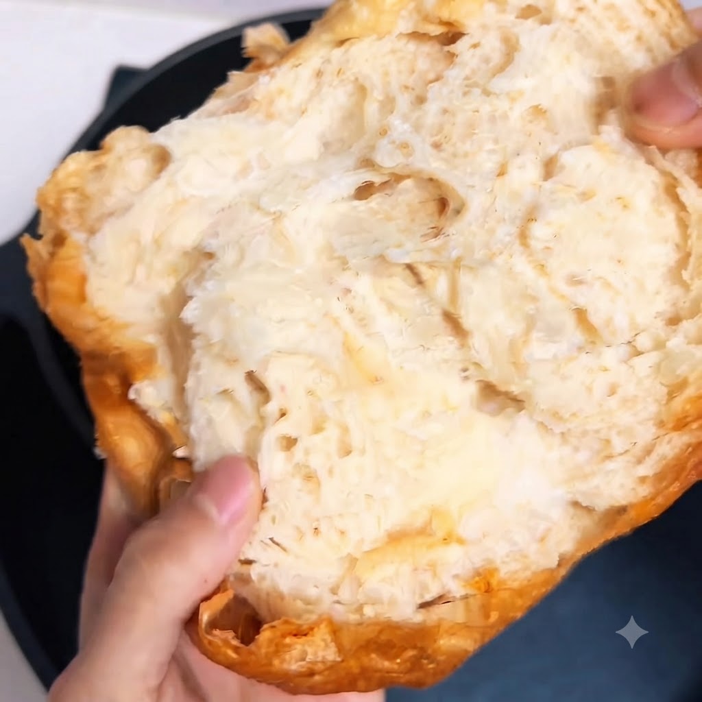 切り込みの入ったチャバタの中にシャキシャキのレタスを挟み込んでいる様子