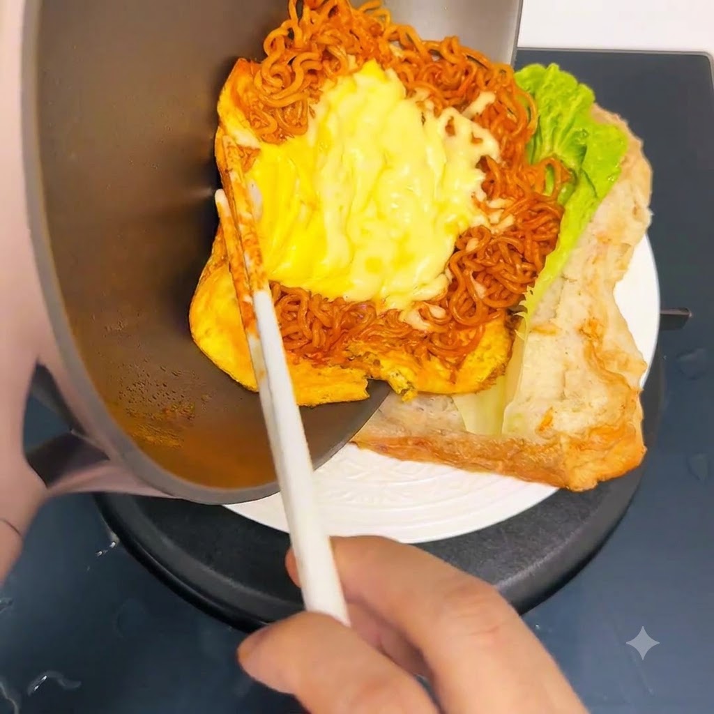 フライパンからチーズたっぷりの麺と卵をチャバタサンドにスライドさせている様子