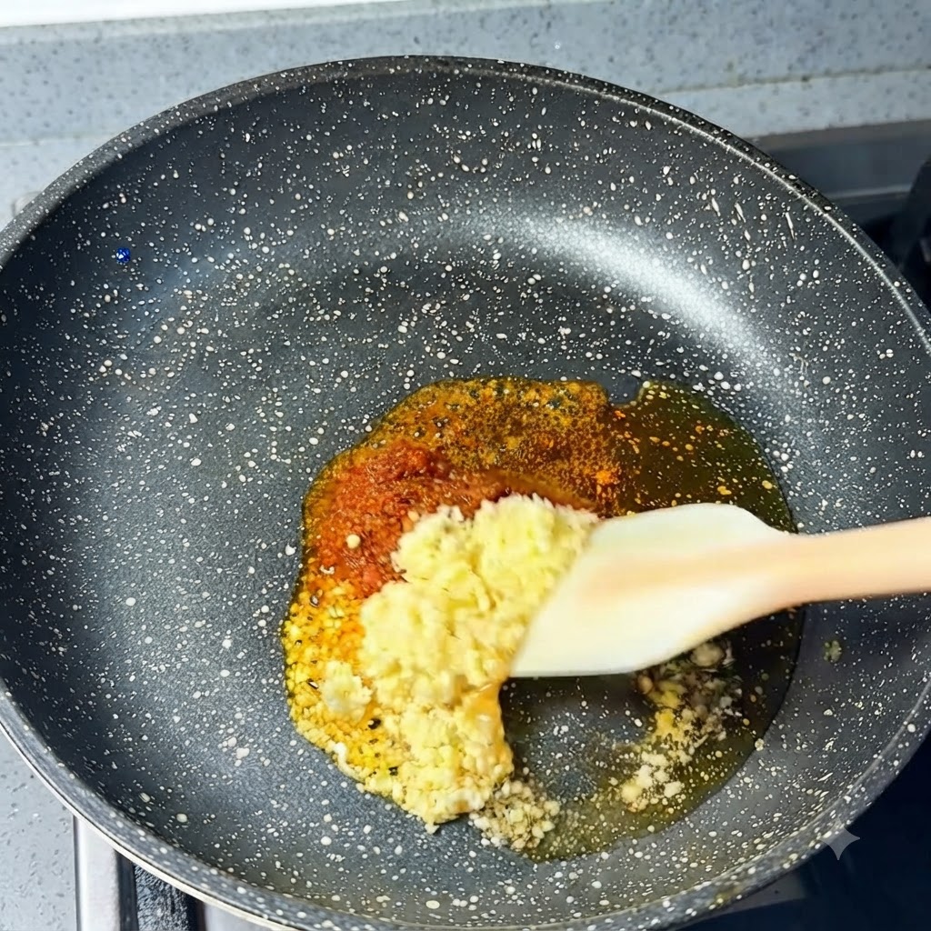 フライパンの中でヘラを使い、おろしニンニクとチリパウダーをごま油で炒めている様子