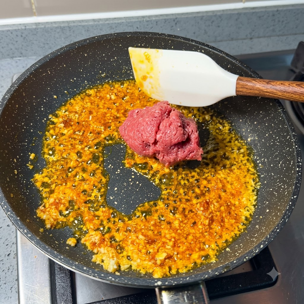 ニンニクとチリ油が入ったフライパンに、生肉の豚ひき肉を入れているところ