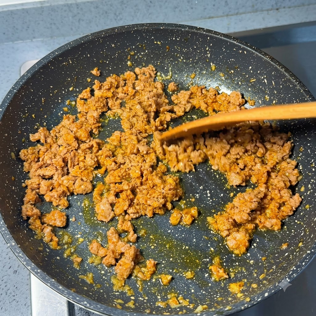 フライパンの中で豚ひき肉が炒められ、色が変わっている様子