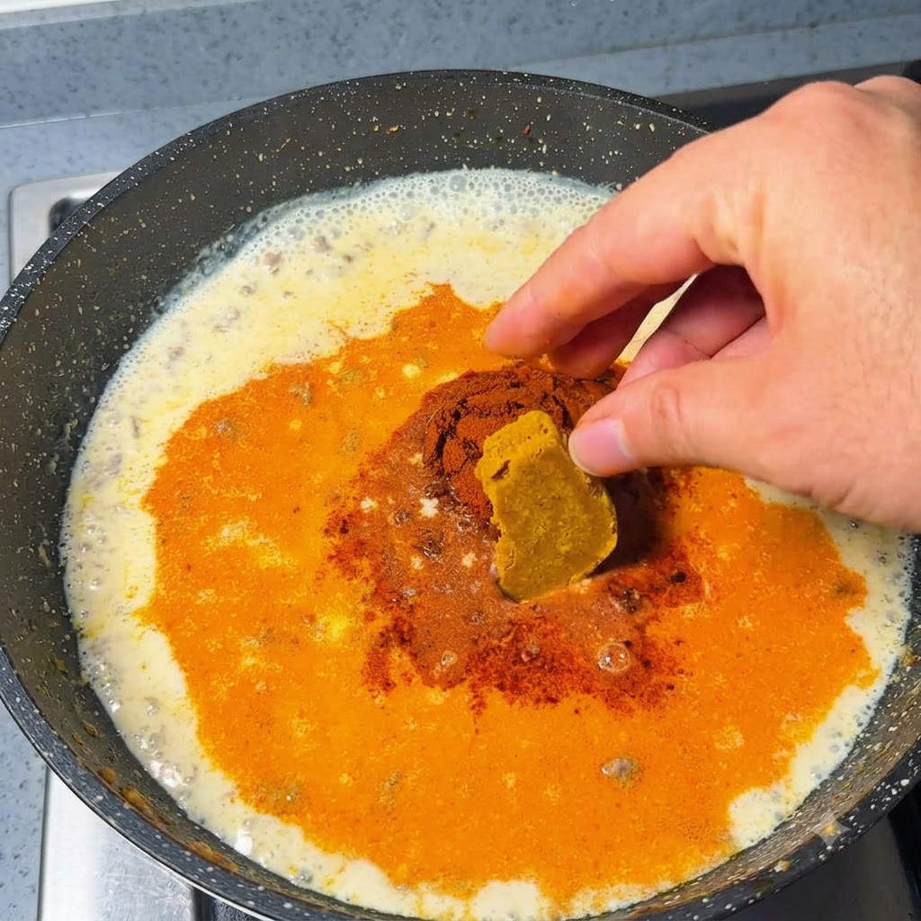 フライパンの中で煮立っている液体の上に、カレールーとパウダーを置いている手