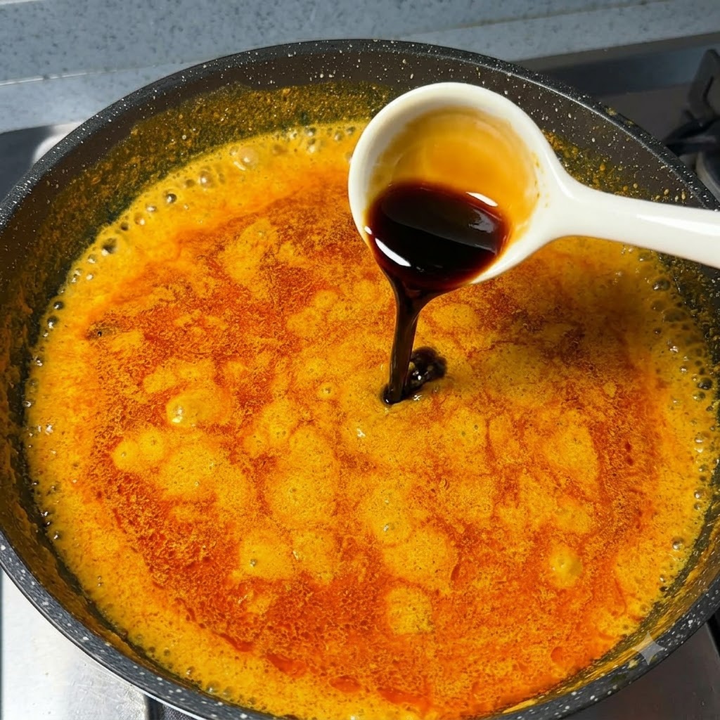 白いスプーンからオレンジ色のカレースープに醤油を注ぎ入れている様子