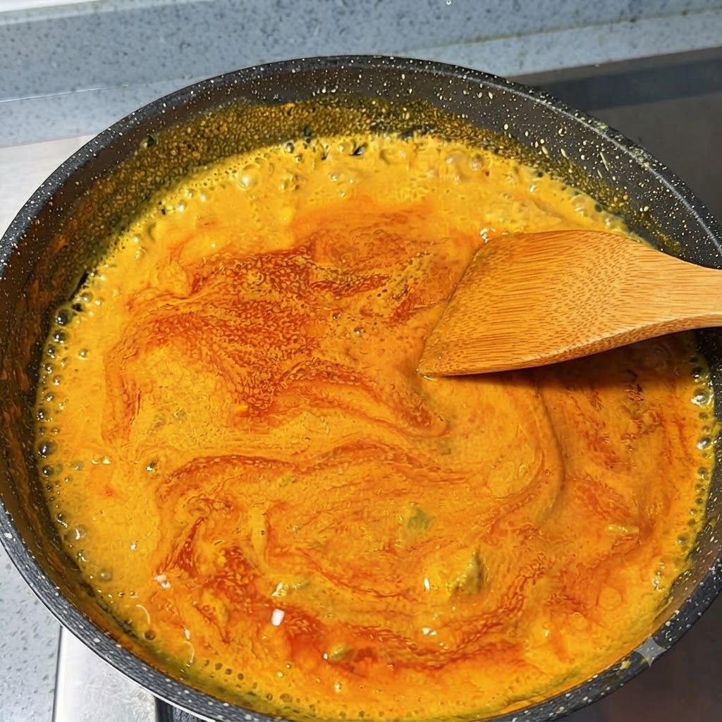 フライパンでとろみがついたカレースープが泡立っており、木べらでかき混ぜられている様子