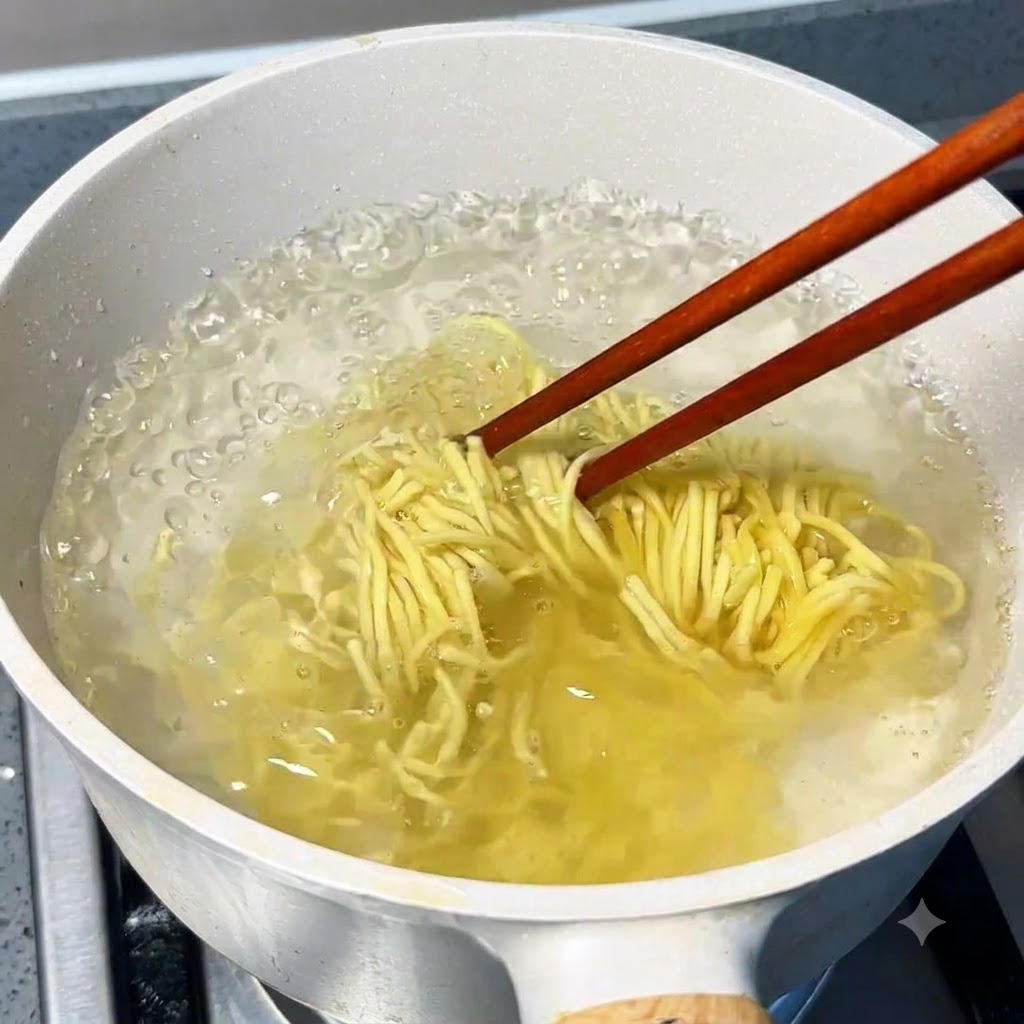 沸騰したお湯の鍋で日本のラーメンが茹でられており、箸で麺がほぐされている様子