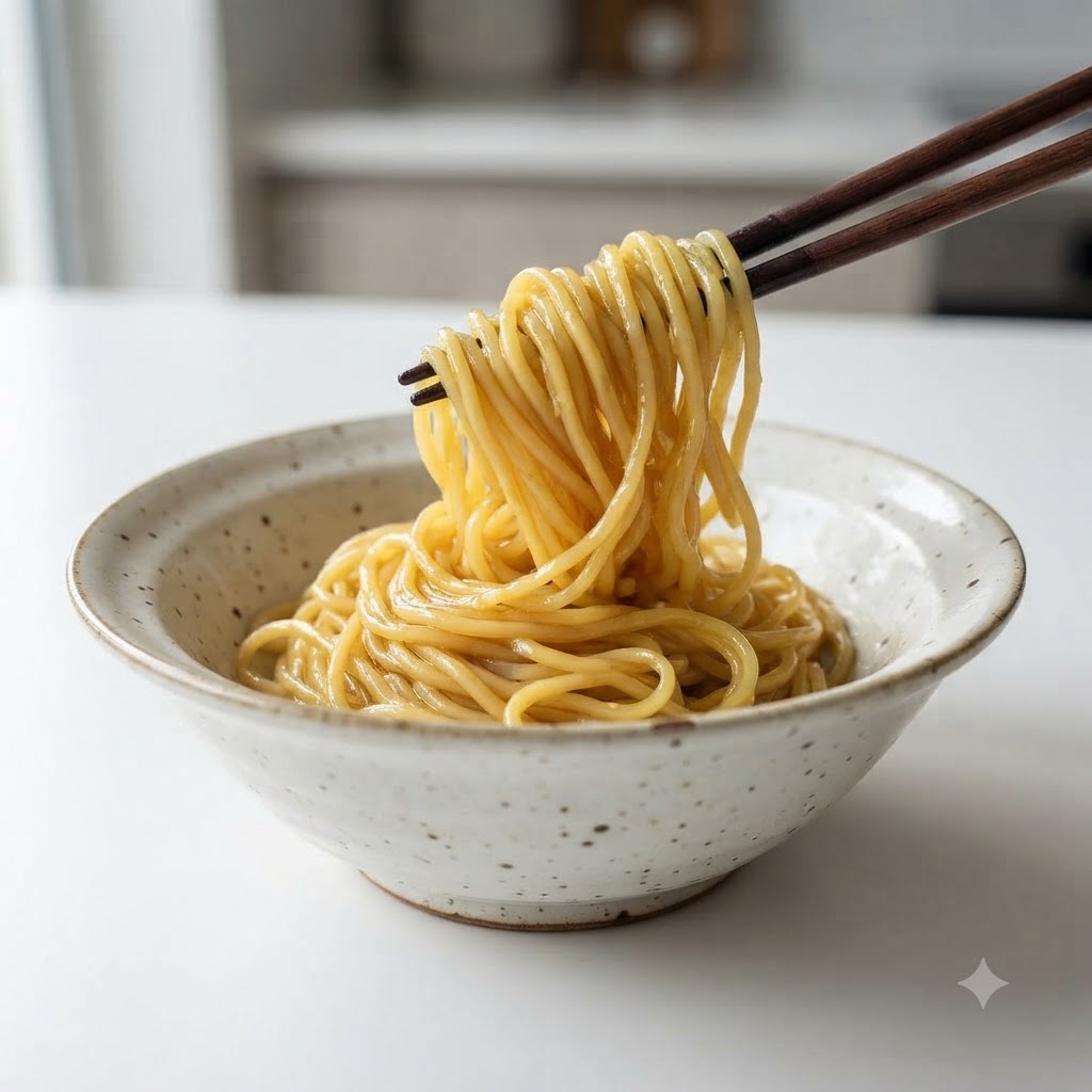 箸で持ち上げられた茹でたラーメンが、陶器の盛り付け用どんぶりに置かれているところ
