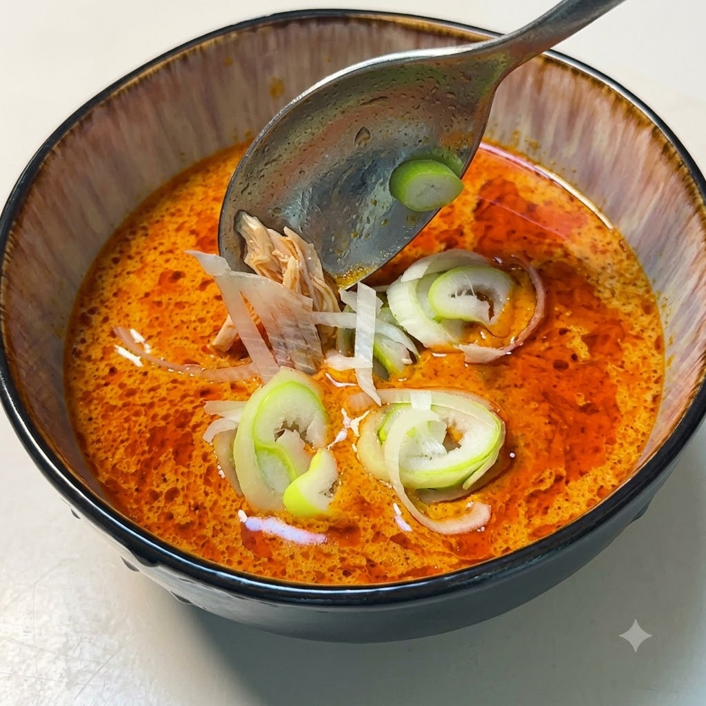 温かいスパイシーな日本のカレースープが入った器に、新しくスライスした青ネギが落とし込まれているところ