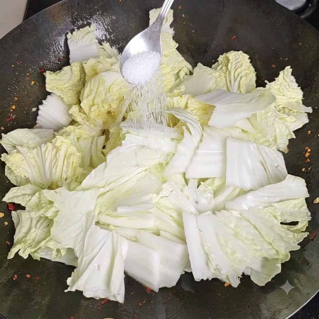 スプーンから鶏ガラスープの素の粉末が、中華鍋の具材の上に振りかけられている様子。