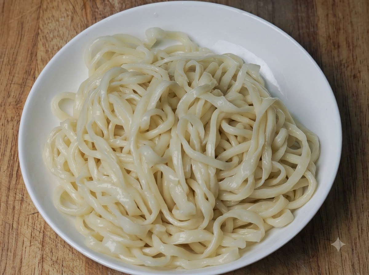 太い麺の上に、ピリ辛の白菜トッピングがたっぷりとスプーンで盛り付けられている様子。