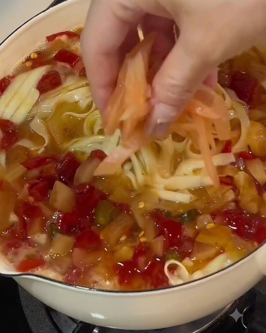 麺とスープの入った鍋の上に、漬物の細切りが散らされている様子。