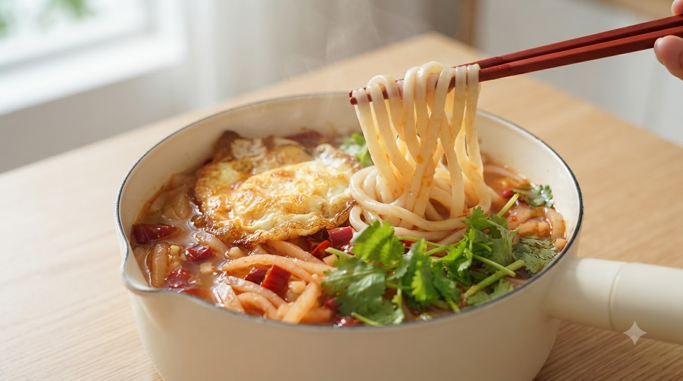 目玉焼き、刻んだ漬物、刻み唐辛子、フレッシュなパクチーをトッピングした、湯気立つ熱々の酸辣湯麺のどんぶり