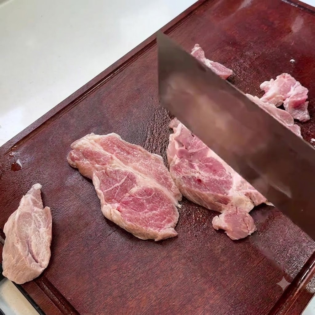 木製のまな板の上で包丁の背を使って叩かれている豚肩ロースのスライス。