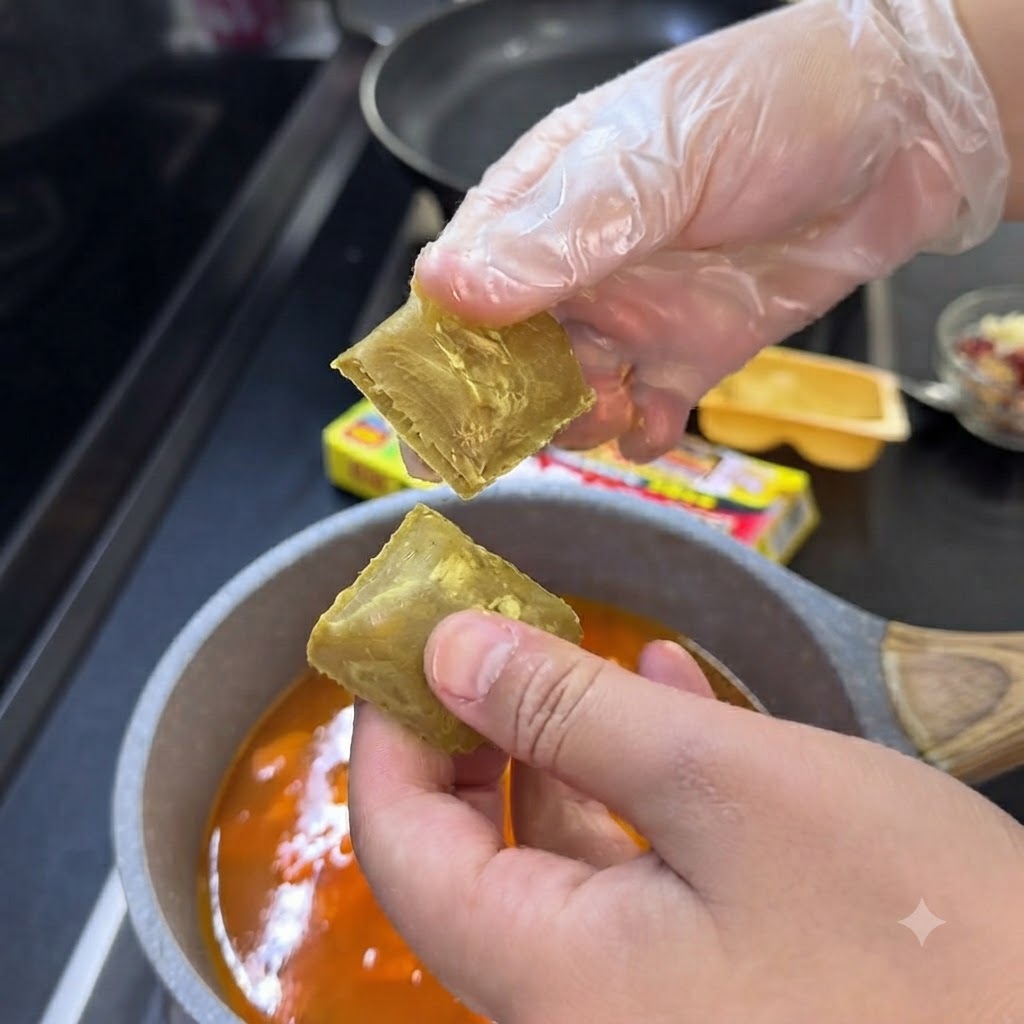 水やケチャップ、野菜やブイヨンが煮立つ鍋に、2つのカレールーが落とし入れられている様子。