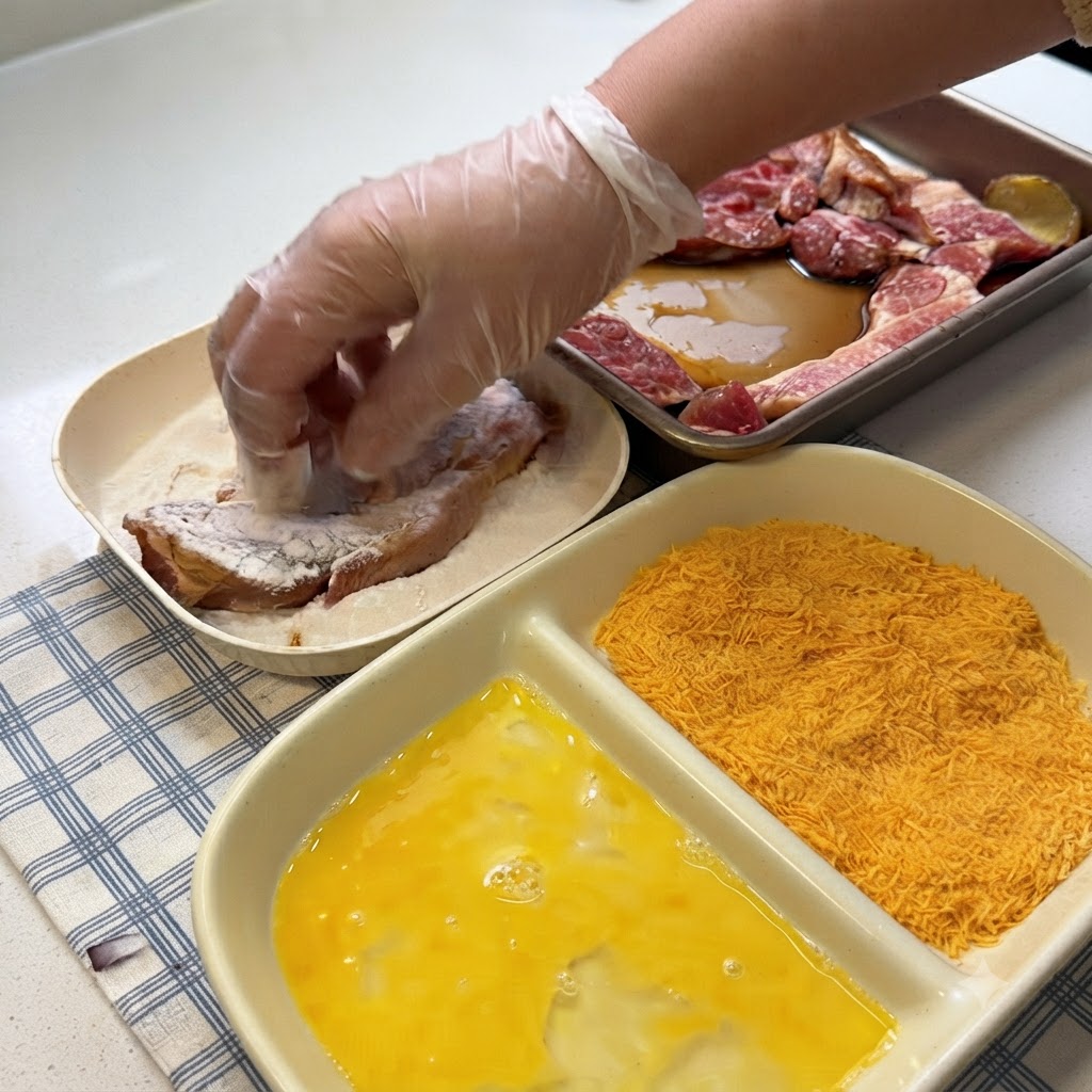 卵液とパン粉のボウルに囲まれ、手袋をした手で豚肉に小麦粉がまぶされている様子。