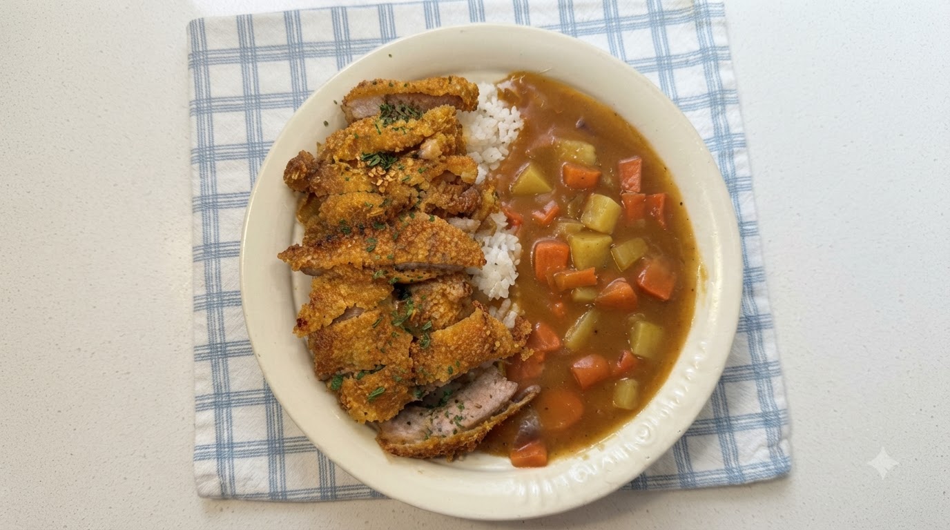 白いご飯に、ニンジン、ジャガイモ、濃厚なカレーソース、そしてパセリを添えたサクサクの豚カツカレーライスの皿