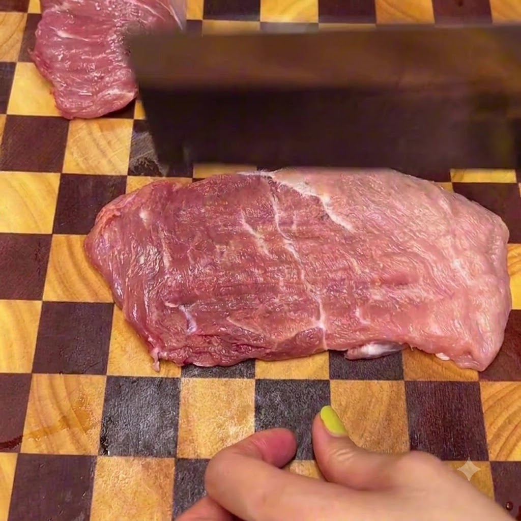 下味をつける前に、新鮮な生姜のスライスと一緒にメタルボウルに入った豚ロース肉。