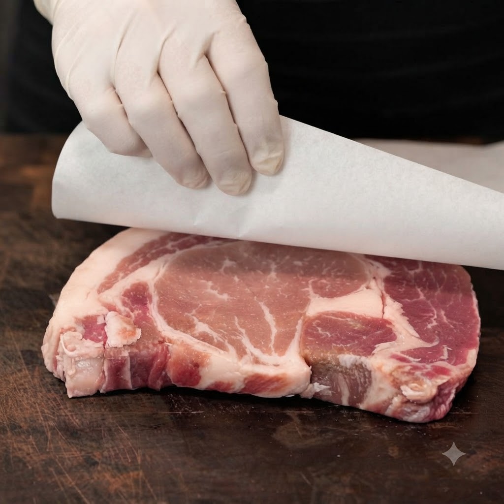 木製のまな板の上で、手袋をした手が生の牛リブアイステーキに粗塩と黒こしょうをすり込んでいる様子。