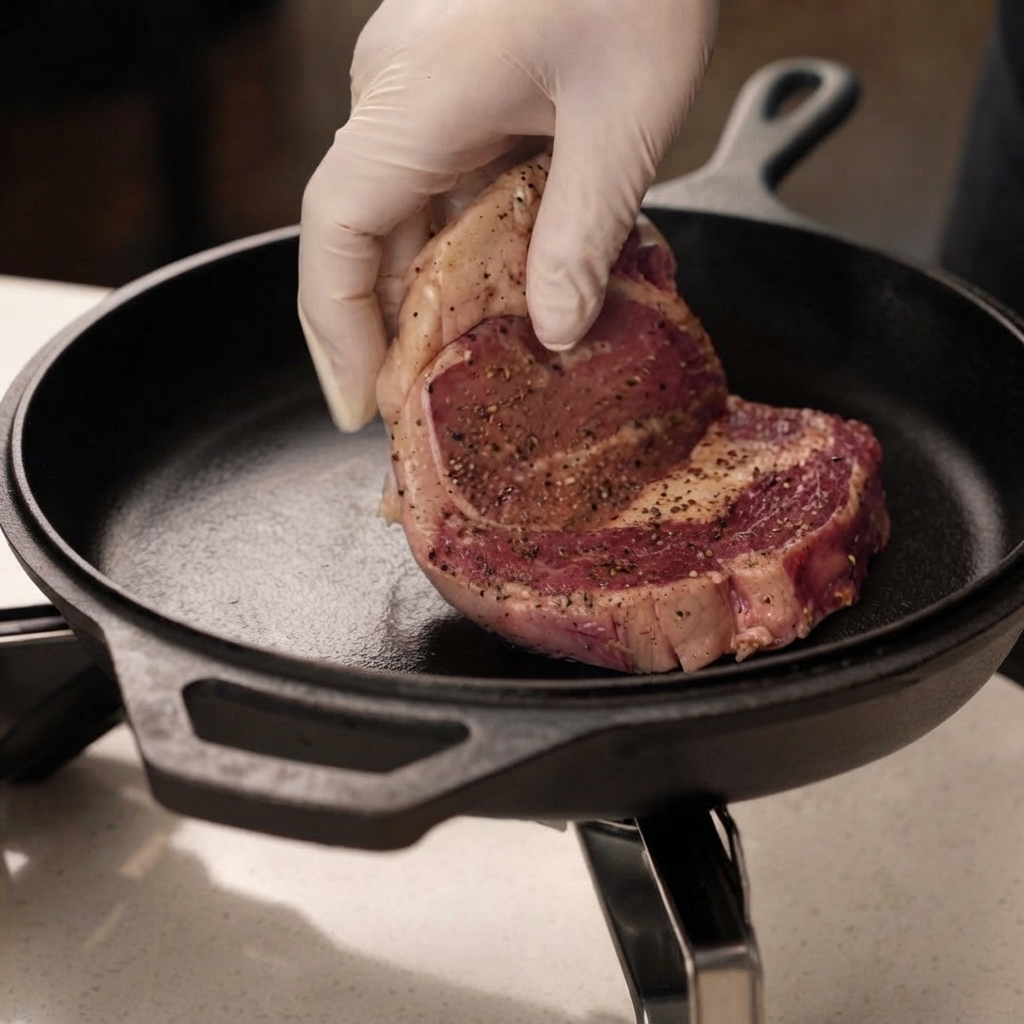 熱した鋳鉄製のフライパンに、下味をつけたリブアイステーキを入れている様子。