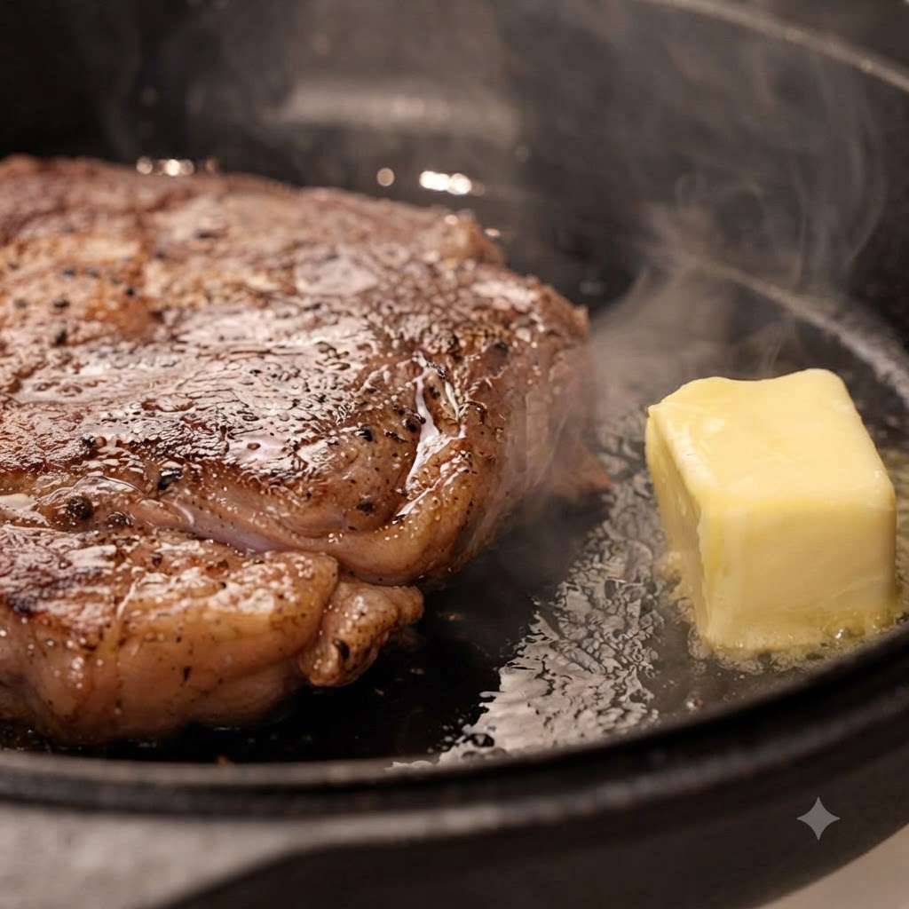 フライパンでジュージューと音を立てるステーキの隣で、バター、皮をむいたニンニク、新鮮なローズマリーが加熱されている様子。