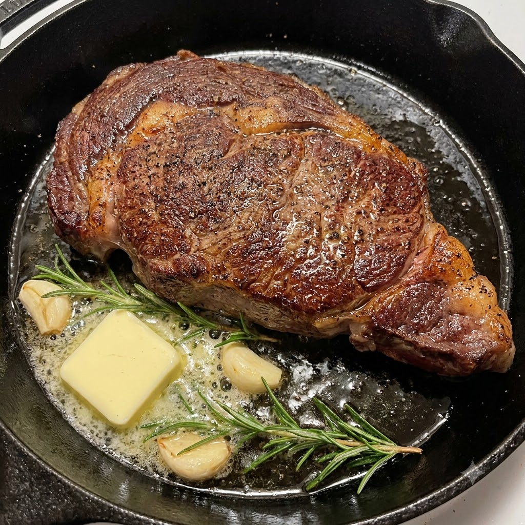 ジュージューと音がする鋳鉄製のフライパンの中で、ボトルから焼いたステーキの上にバーベキューソースが注がれている様子。