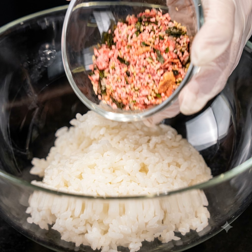 ガラスのボウルから白ご飯が入ったお碗に海苔フレークが注がれている様子。