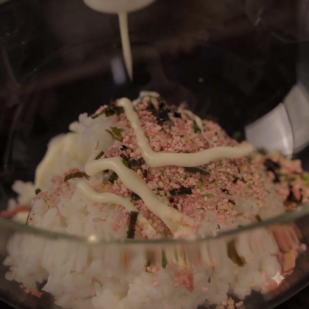 透明なボウルに入った味付けご飯の上に、マヨネーズがジグザグにかけられている様子。