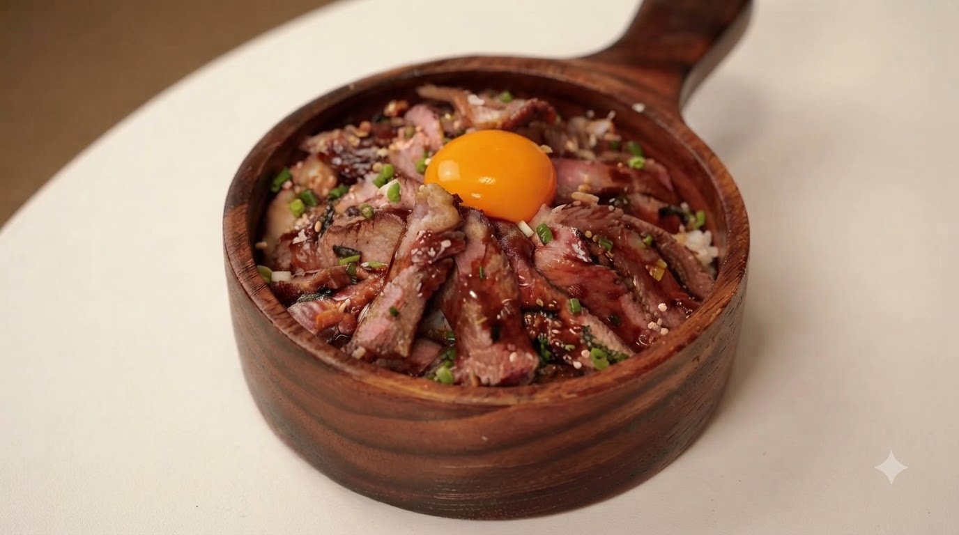 鮮やかな生卵の黄身と刻み青ネギをトッピングした、和風ステーキ丼が入った素朴な木製の丼。