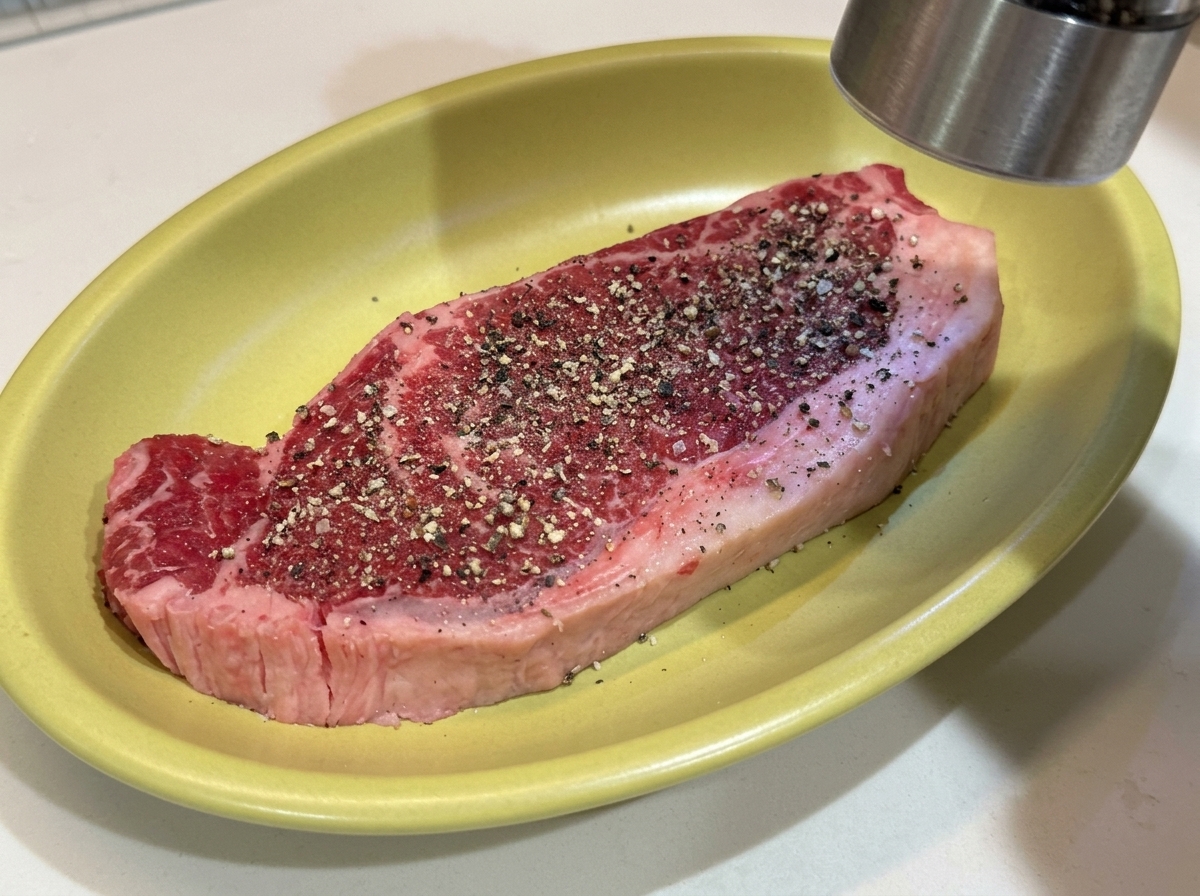 黄色いお皿の上に置かれた生のエスティーケーに挽きたての黒こしょうで味付けをしている様子