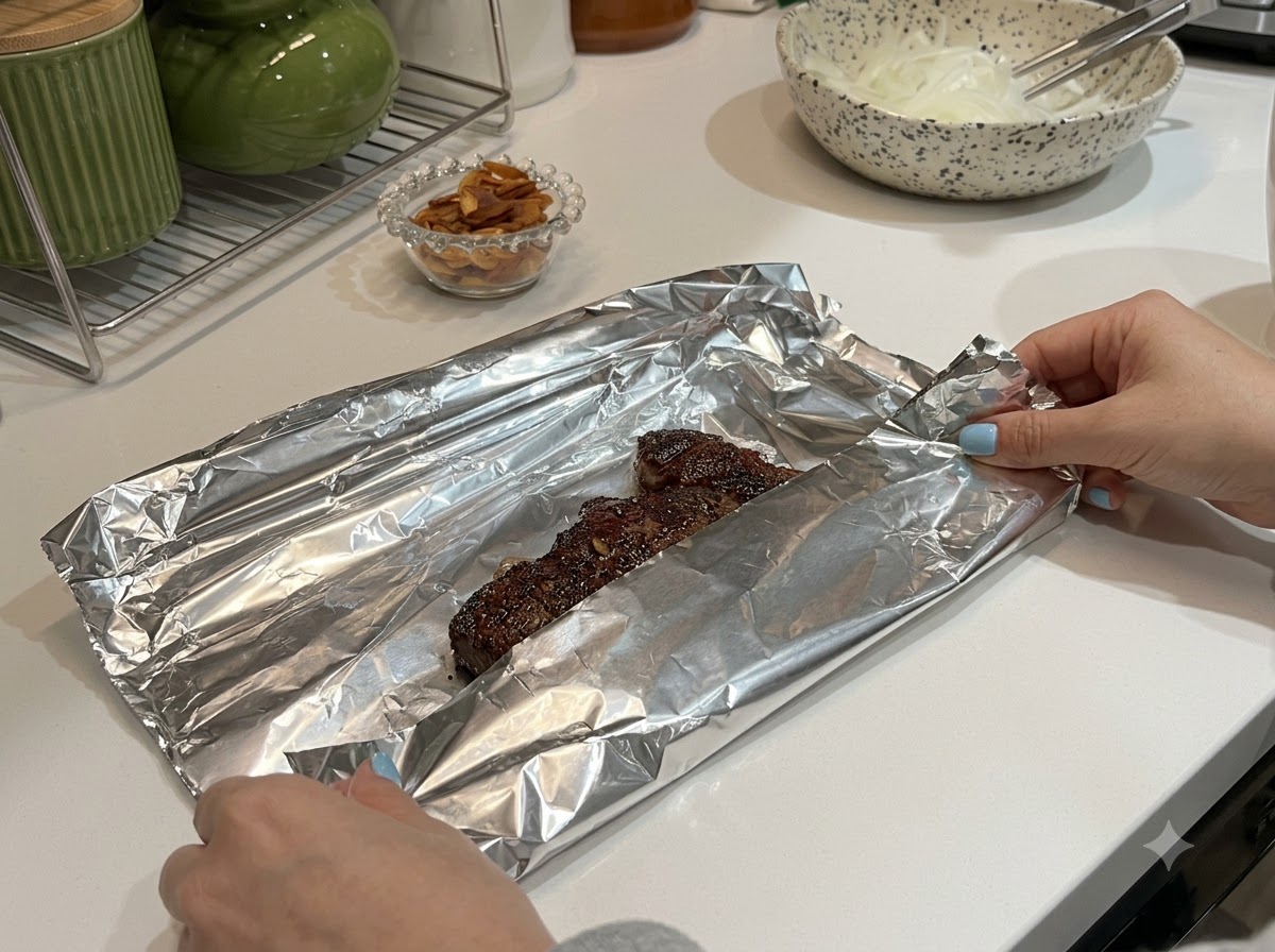 キッチンカウンターの上で、焼いたステーキをアルミホイルで包んでいる様子