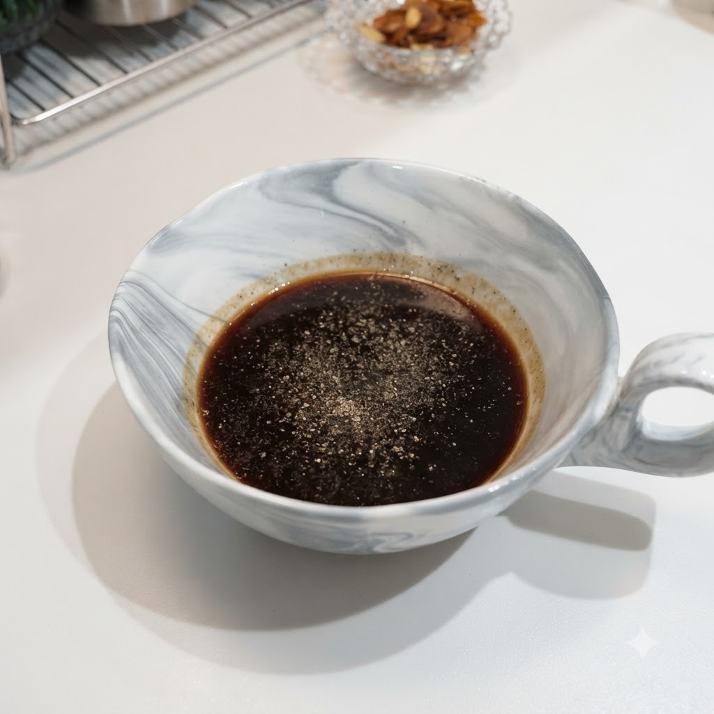 大理石模様のボウルの中で醤油や調味料が混ぜ合わされている様子