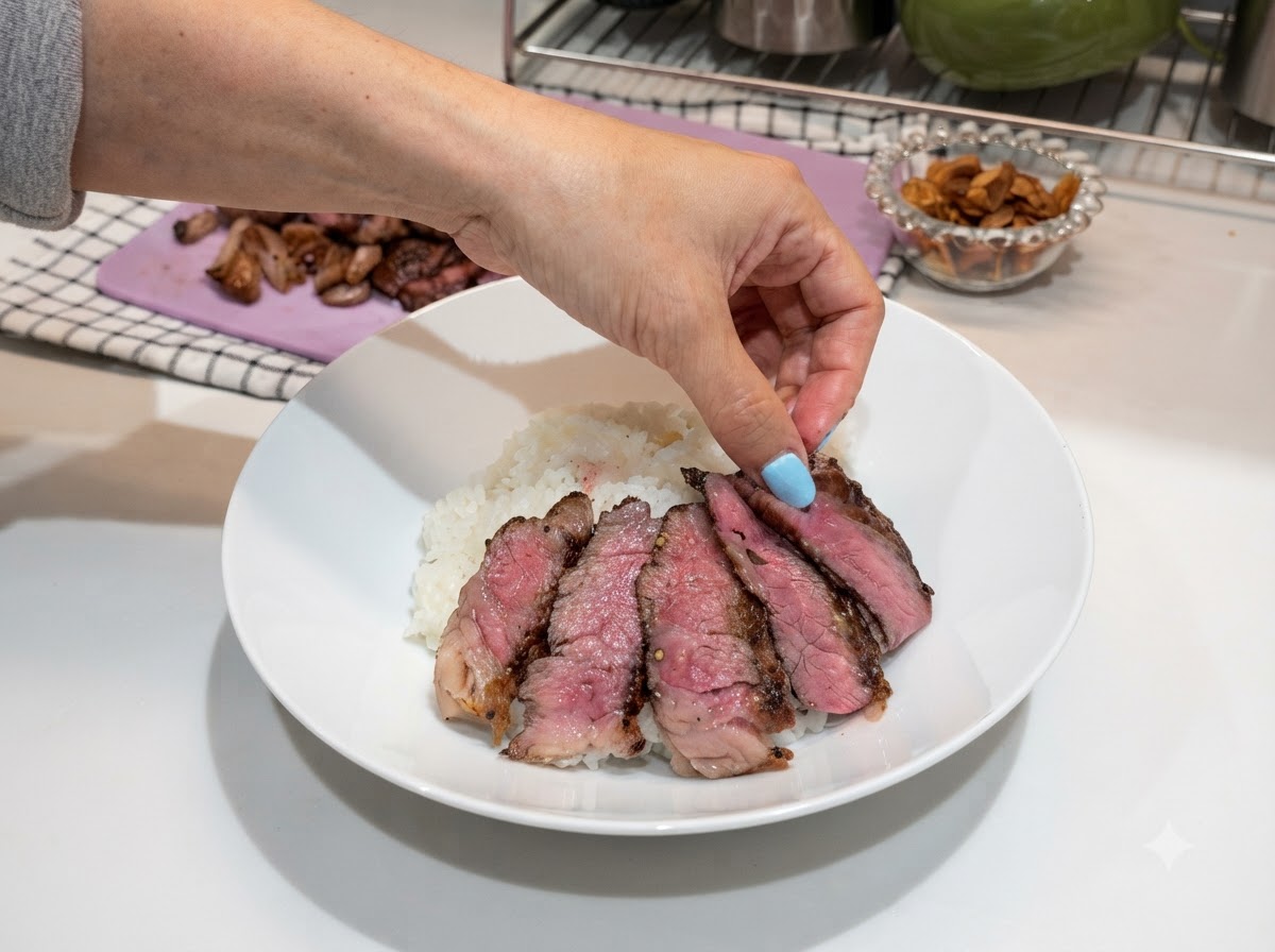 どんぶりに入った温かい白ご飯の上に、スライスしたステーキがきれいに並べられている様子