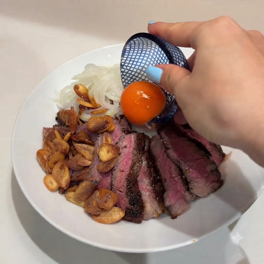 小さな暗い容器を持った手が、鮮やかなオレンジ色の生卵黄をステーキとご飯の丼の中央に落としている様子