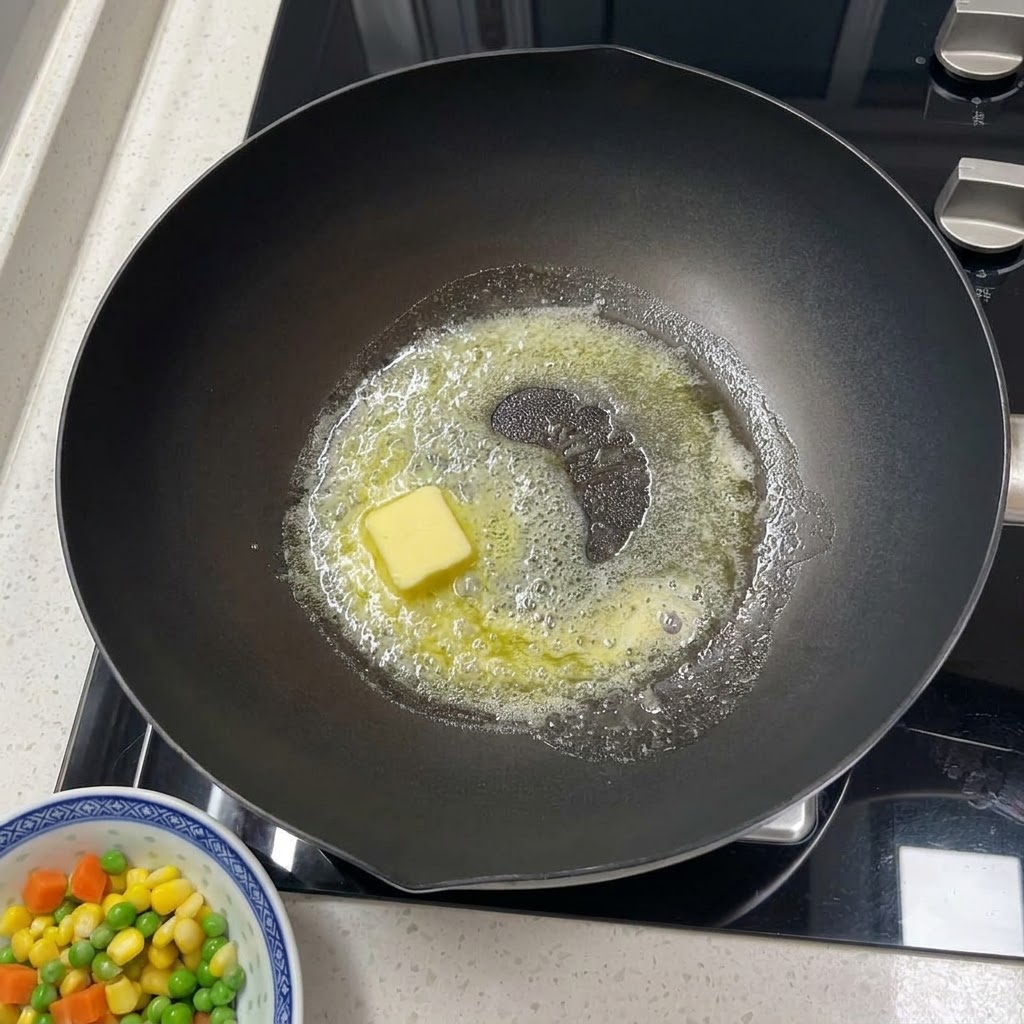 熱したフライパンでバターを溶かし、木べらで広げている様子