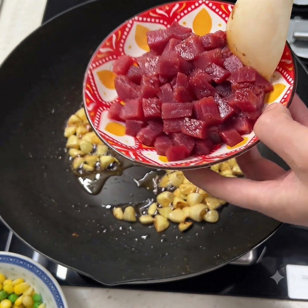 下味をつけた牛肉をにんにくを炒めたフライパンに加えている様子
