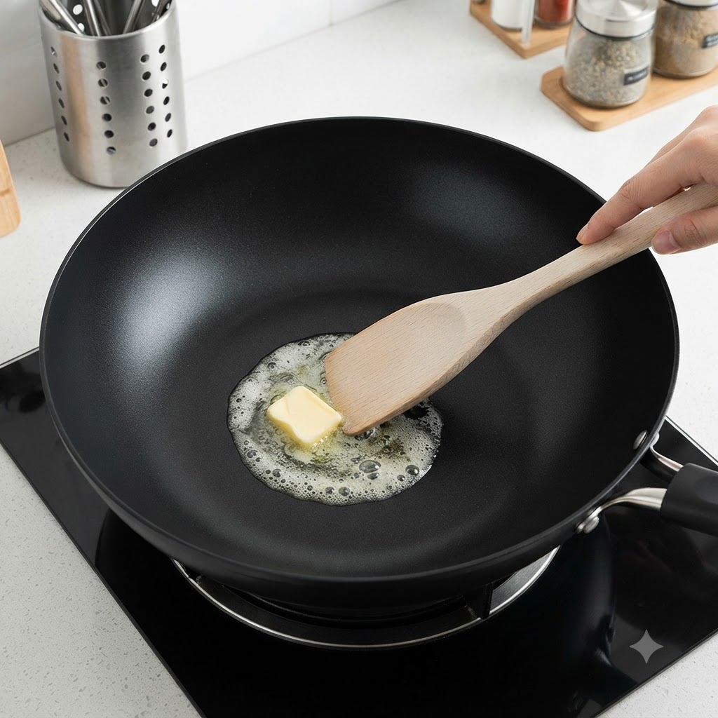 冷やご飯をフライパンに加え、木べらでほぐしながら炒めている様子