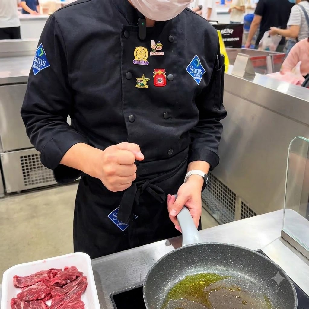 油をひいて温めたフライパンに、生の状態のスカートステーキの塊を入れている様子。
