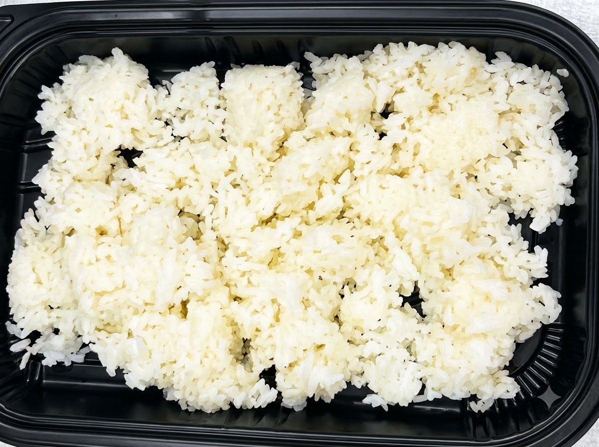 黒い容器に入った白ご飯の上に、スプーンでガーリックソースを回しかけている様子。