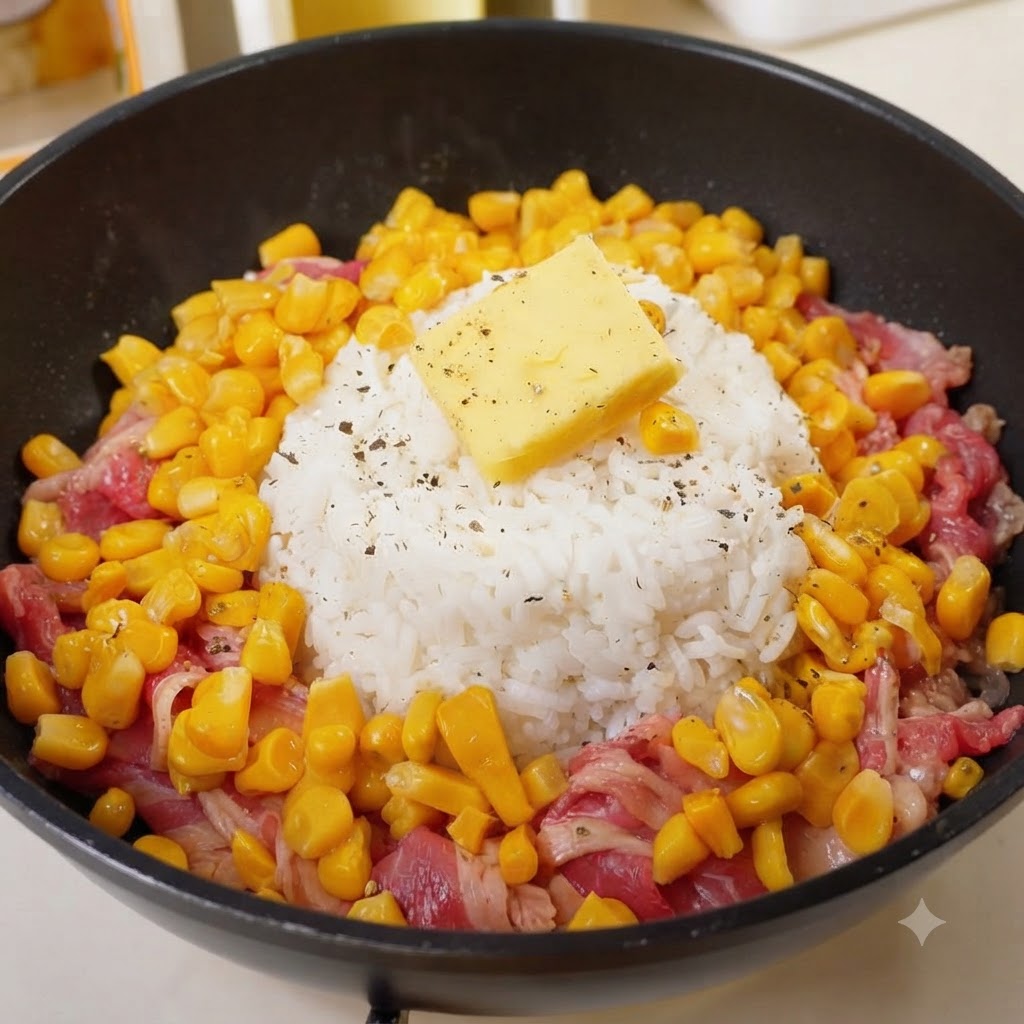 ご飯のドームの頂点に四角いバターと黒こしょうが乗っている様子。