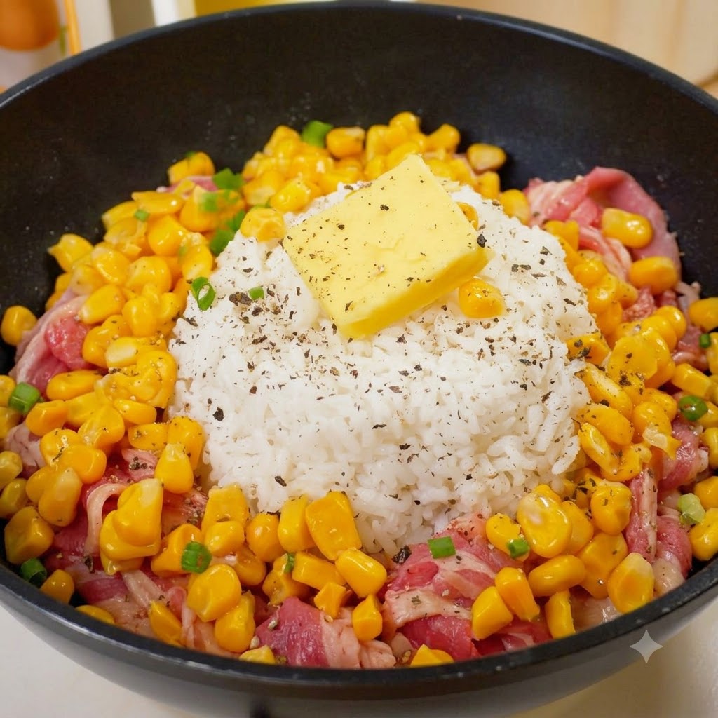 フライパンの中のご飯、バター、生の牛肉の上に刻みねぎを散らしている様子。