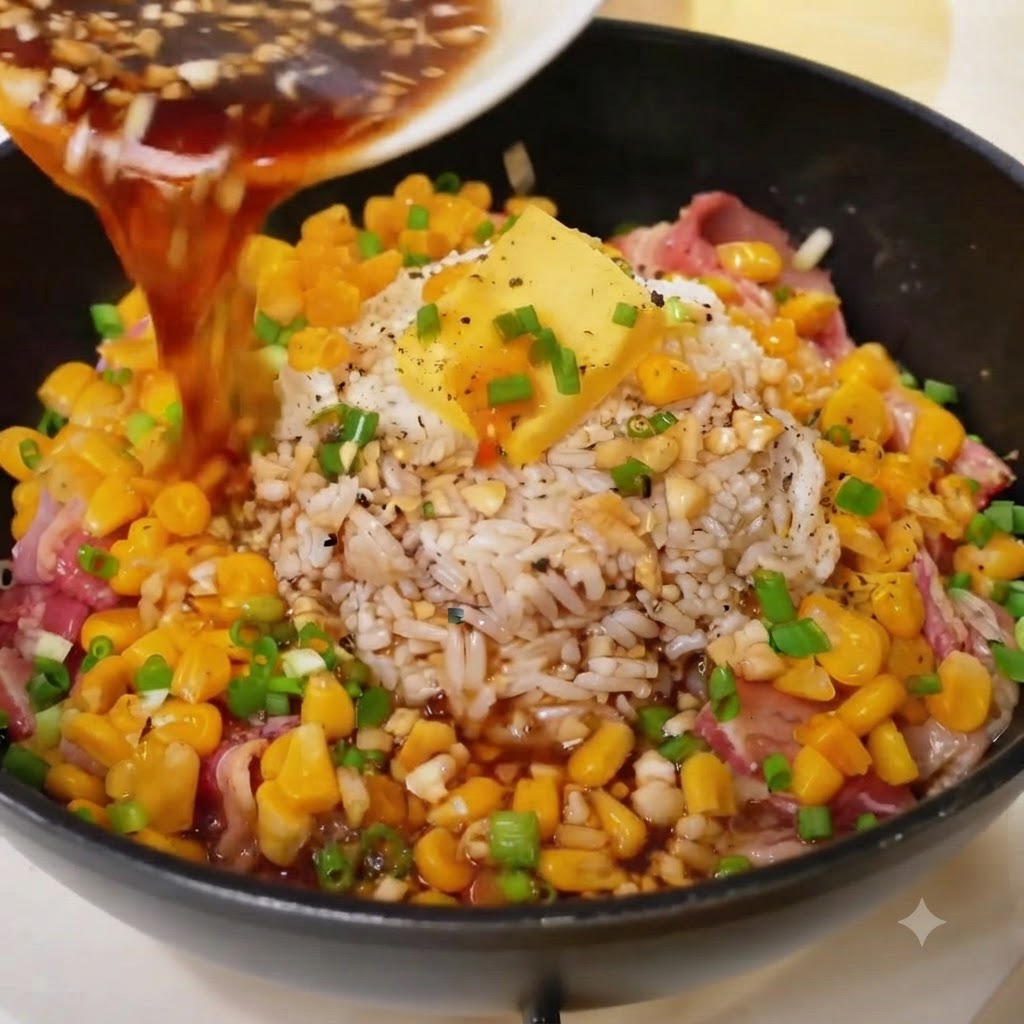 黒いフライパンの中のご飯、バター、コーン、牛肉全体に、白い器から濃い色のソースをかけている様子。