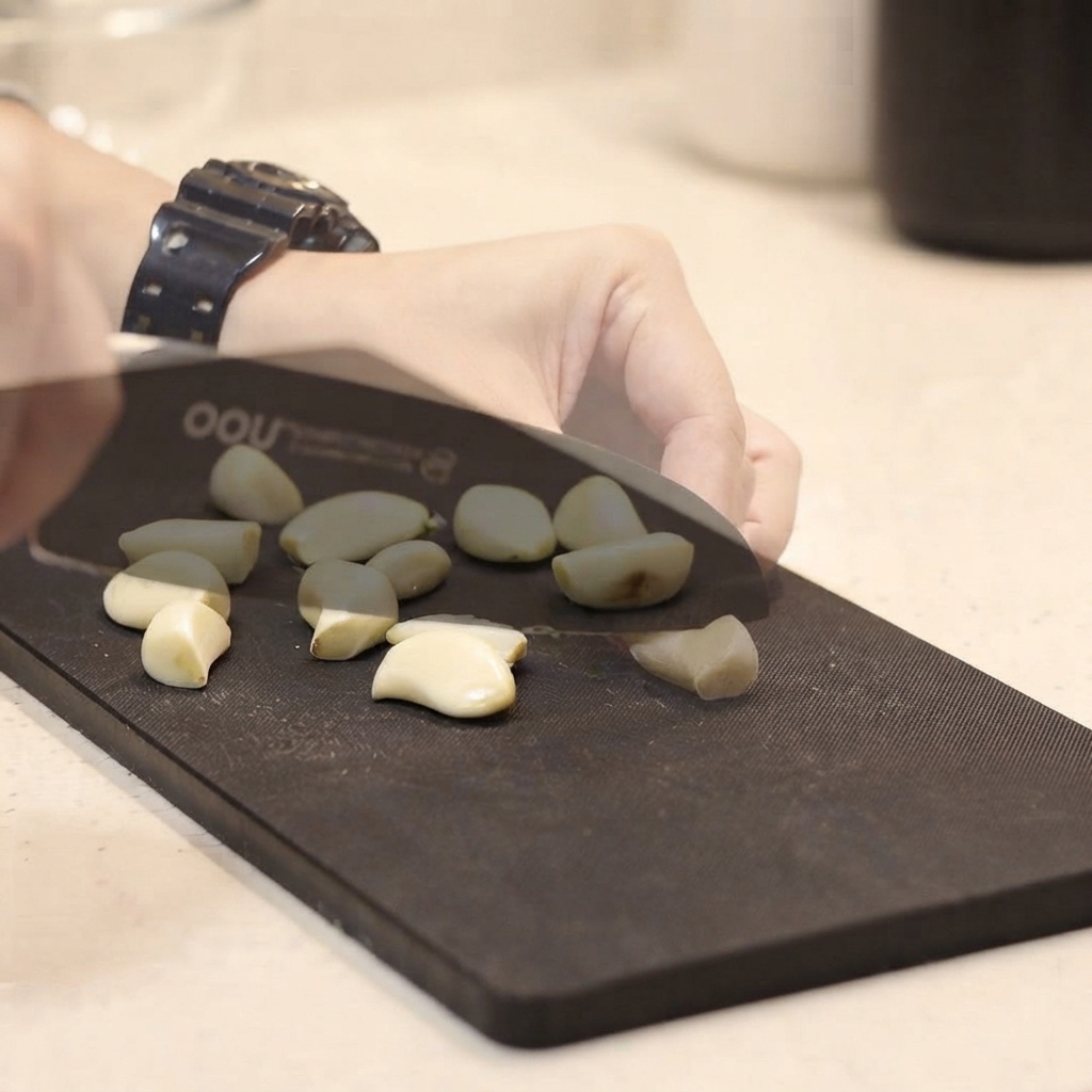 黒いまな板の上で、皮をむいたニンニクの cloves を包丁で半分に切っている手元の様子。